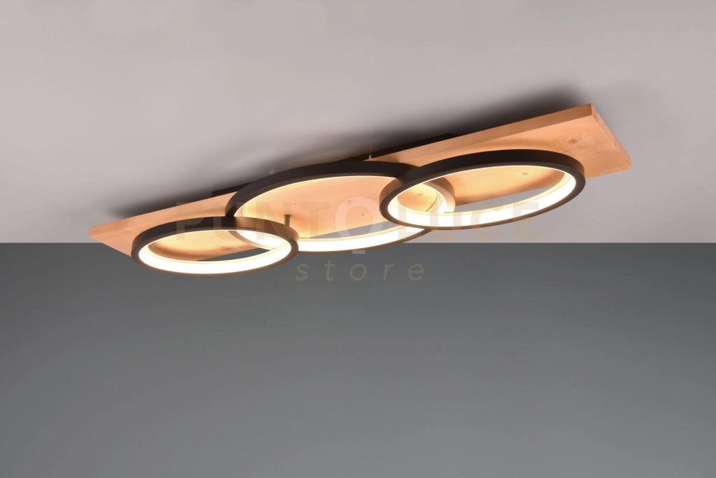 BARCA PLAFONIERA LED 40W 4700lm, 3000K TRIPLA ELLISSE METALLO BIANCO E LEGNO NATURALE CON DIMMERAZIONE AD INTERRUTTORE L. 97CM