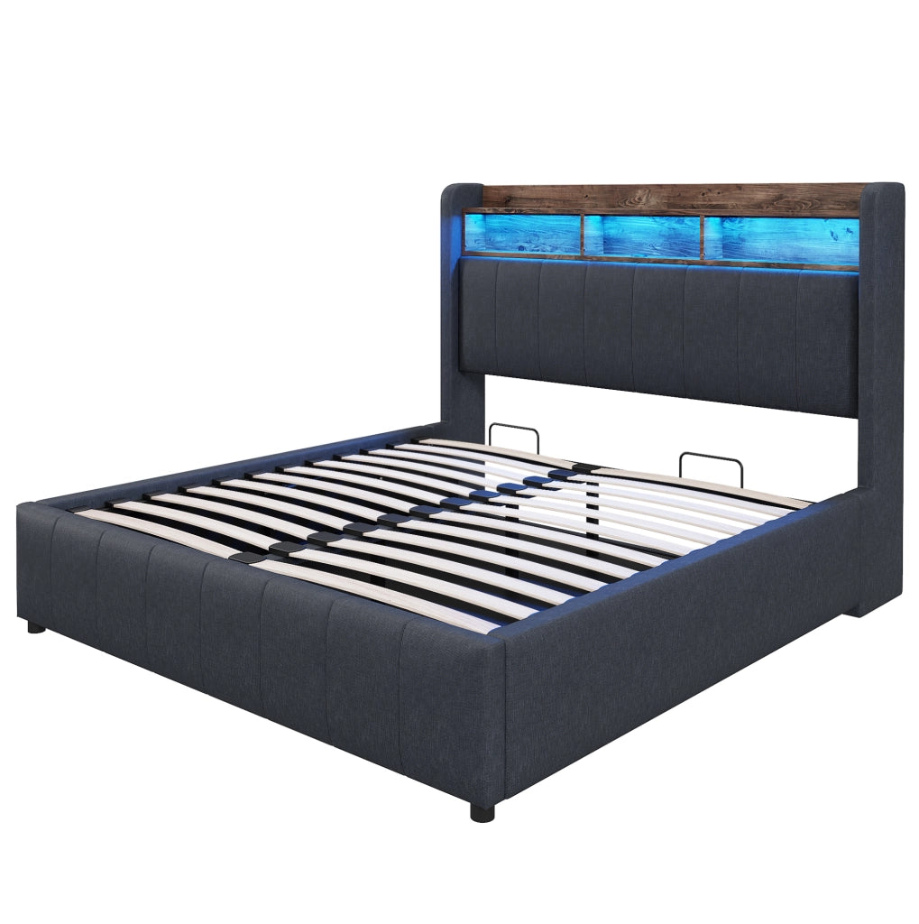 Letto imbottito 140x200 cm grigio con LED; USB e vano contenitore con sollevamento idraulico