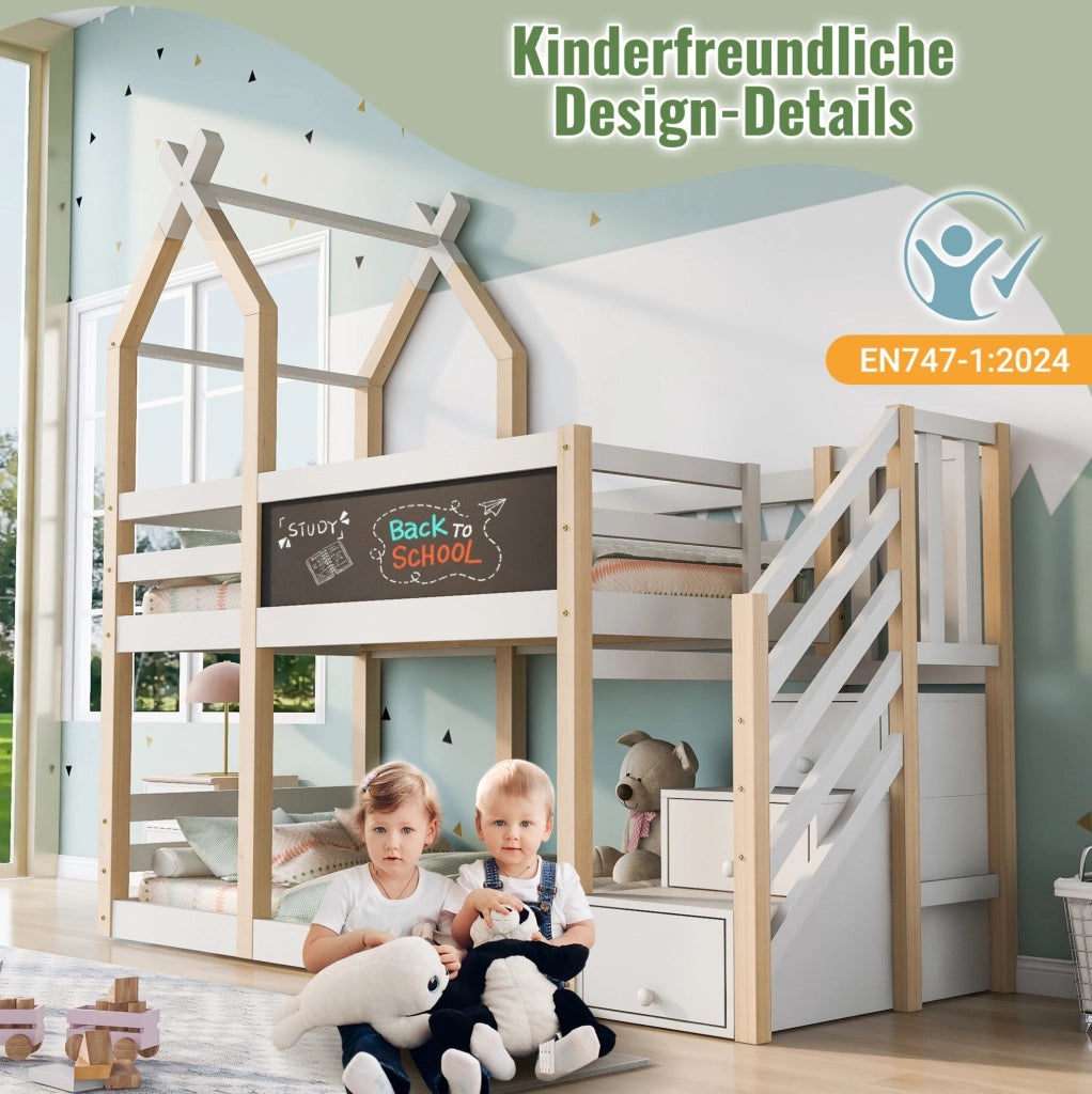 Letto a soppalco per bambini 90x200 cm con lavagna; scala contenitore in legno e bianco