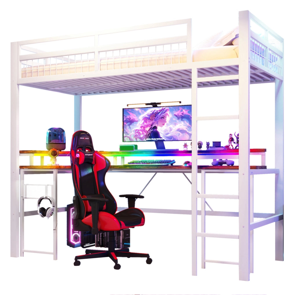 Letto a soppalco 90x200 cm con scrivania; LED; USB; Type-C e prese; metallo e MDF; bianco