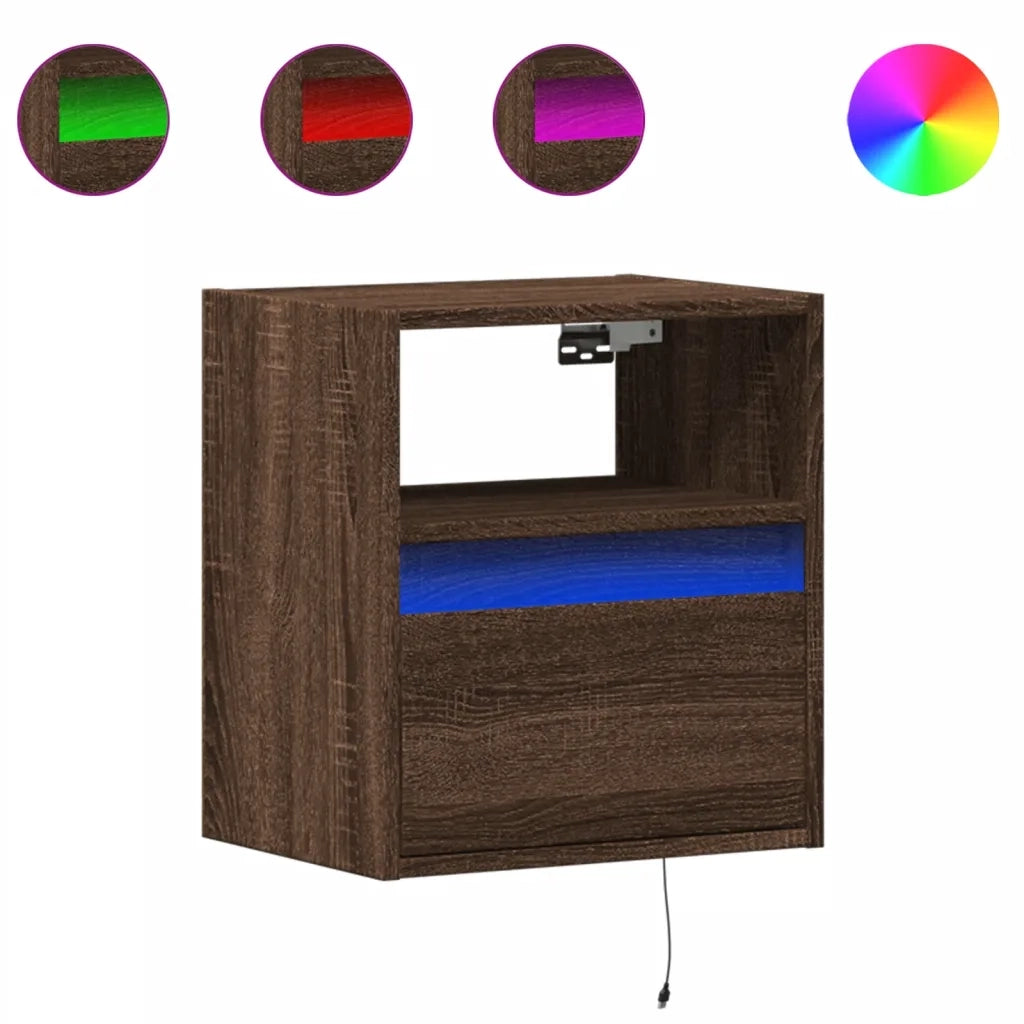 Comodino a Parete con Luci LED-Tavolino da notte sospeso Rovere Marrone 282030