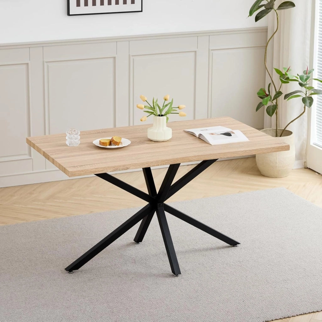 GrandCA HOME Set Tavolo e Sedie da Pranzo, Tavolo da Pranzo Rettangolare da 140 cm, 4 Sedie in Polipropilene a Rete, Adatto per Cucina, Sala da Pranzo e Soggiorno - Legno Chiaro + Kaki