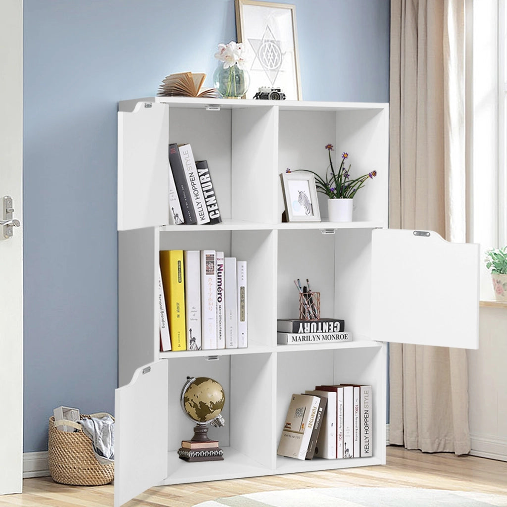 Armadietto con 6 cubi e ante di legno, Espositore per casa ufficio libri giocattoli e decorazioni-Librerie