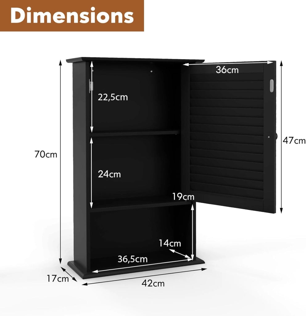 Armadio da Bagno a Parete con Porta, 2 Ripiani Regolabili e Scomparto Aperto, Armadio in Legno a 3 Livelli, Mobile Multiuso per il Bagno, Cucina, Ingresso, 42x17x70 cm (Nero)