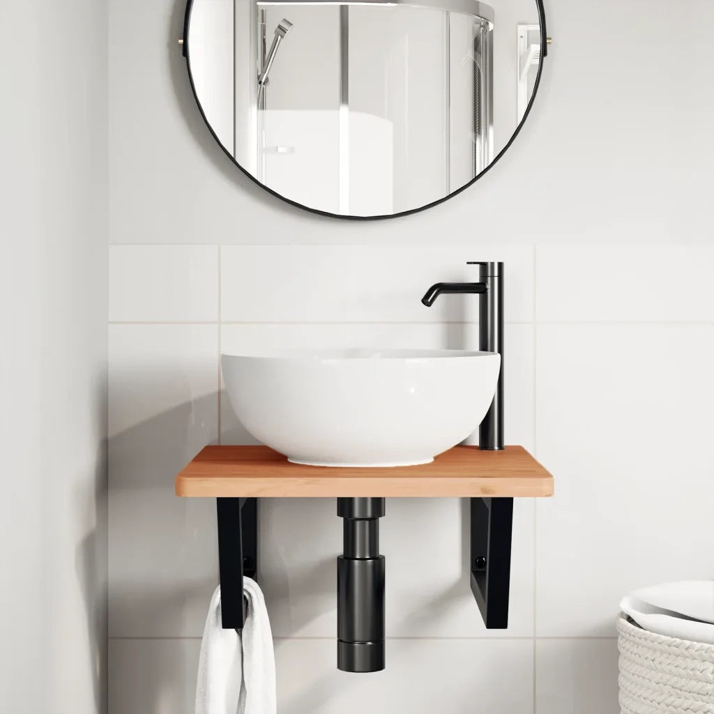 Ripiano a Parete per Lavabo in Acciaio e Massello di Faggio