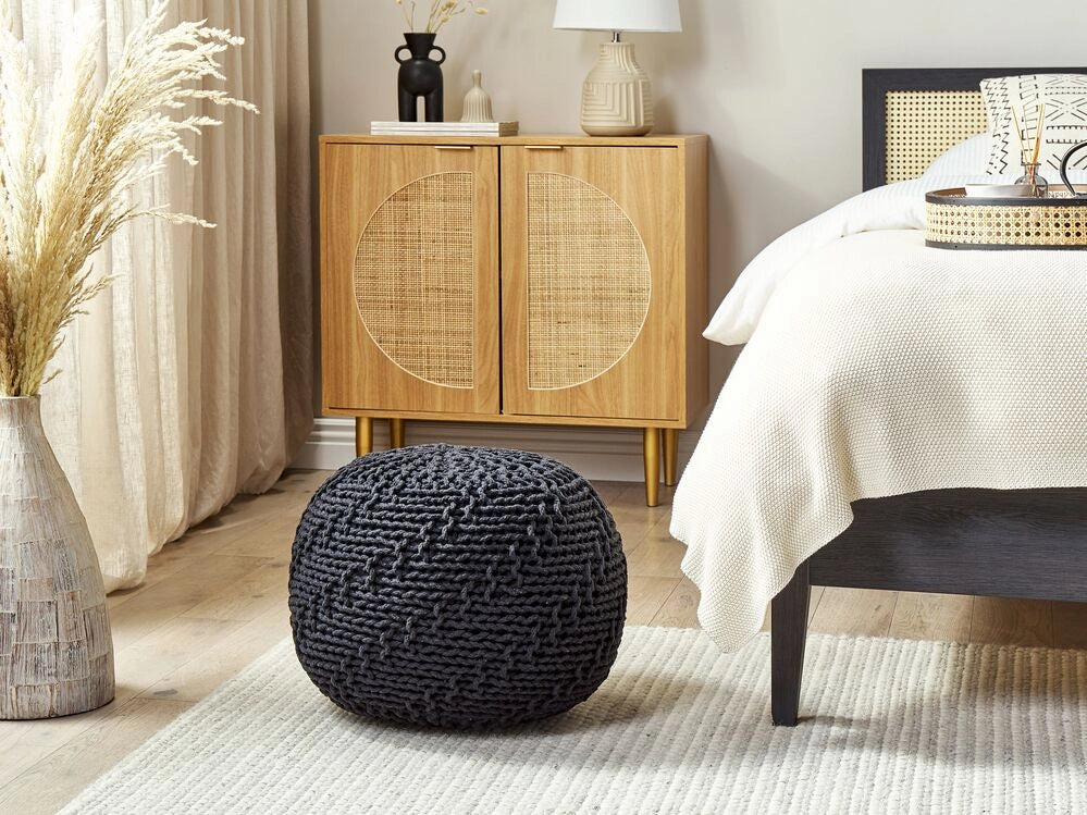 Pouf ottomana nero cotone lavorato a maglia perline EPS riempimento rotondo piccolo poggiapiedi 50 x 35 cm