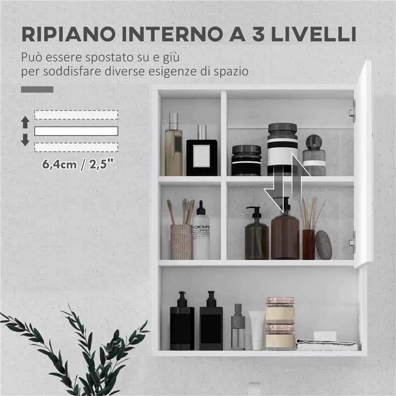 ARMADIETTO BAGNO CON SPECCHIO RIPIANI E SCAFFALE REGOLABILE MONTAGGIO A PARETE 60X15X76CM BIANCO