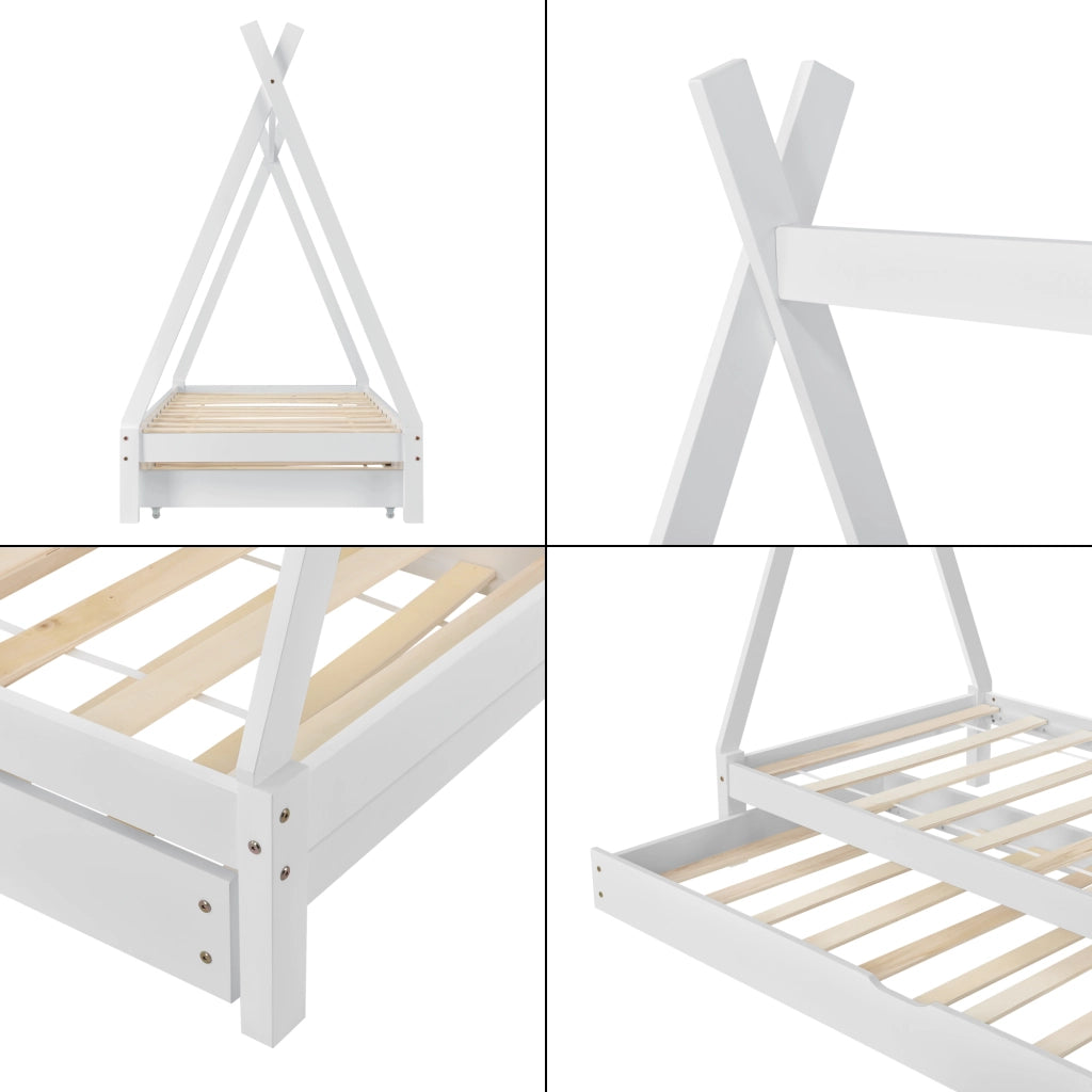 Lettino a Forma di Tenda 90 x 200 cm con Secondo Letto Estraibile 90 x 190 cm Lettino Montessori Lettino Tipi in Legno con 2 Posti Letti - Bianco