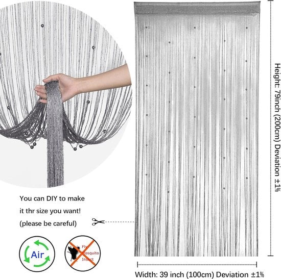 2 pezzi di tende a stringhe con glitter in argento per finestre 100x200cm, divisori per camera, tende per armadio, pannelli per finestra, parete per ingresso, camera da letto, privacy, decorazione per party, matrimonio, hippie, camera