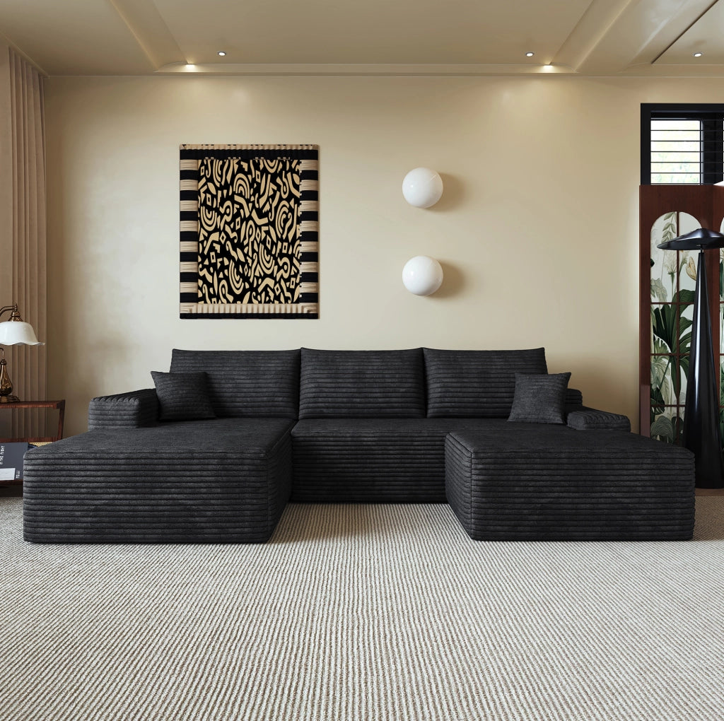 Divano nero 270x175x83 cm rivestito in tessuto di velluto a coste