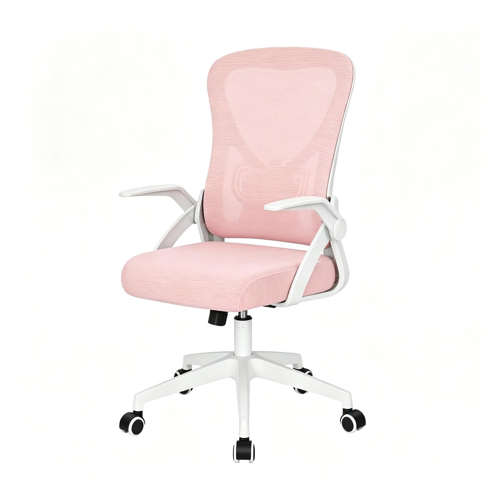 Sedia da ufficio ergonomica girevole, rosa, con braccioli ribaltabili e schienale in rete