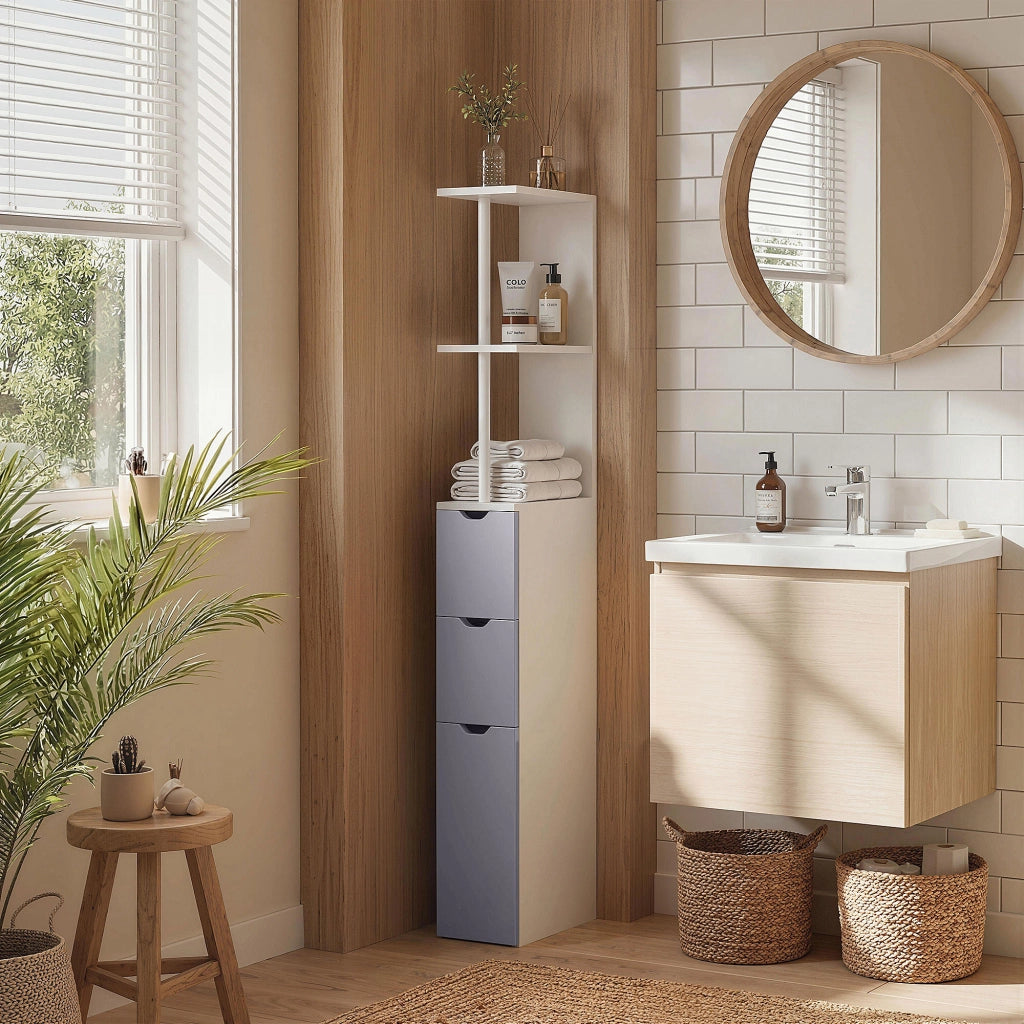 Colonna Bagno Moderna con 2 Ripiani 2 Cassetti e Anta ¨C zephmum ¨C Bianco 15x33x136,8 cm