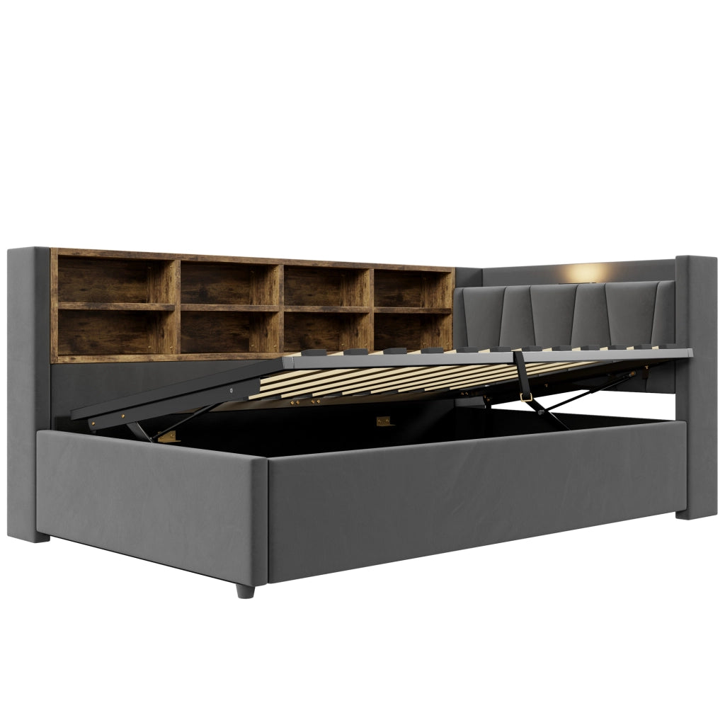 LETTO Polsterbett 90x200 cm in velluto grigio con testiera multifunzione e contenitore