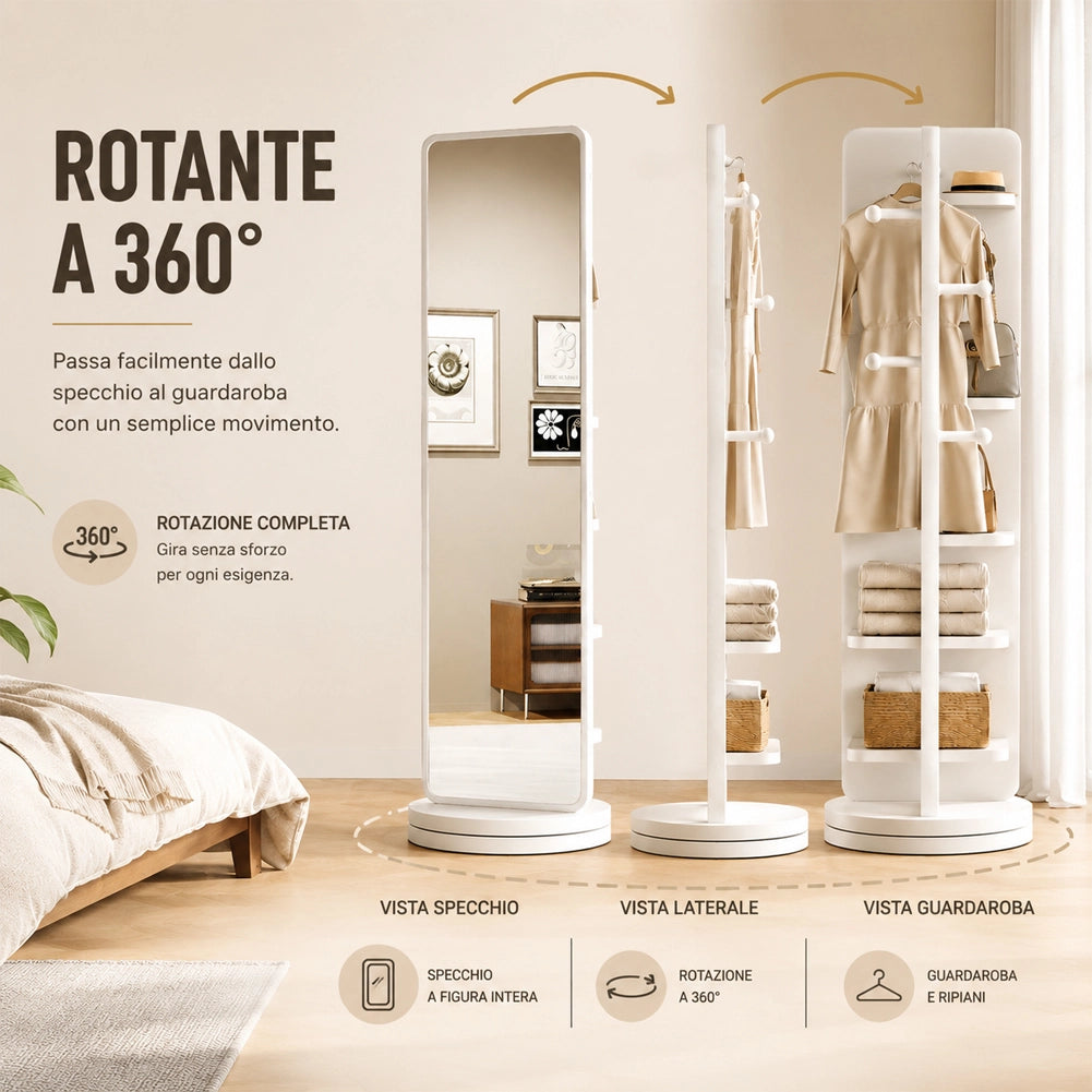 Specchio Rotante Struttura Bianca in Legno e Appendiabiti Attaccapanni 170x45cm