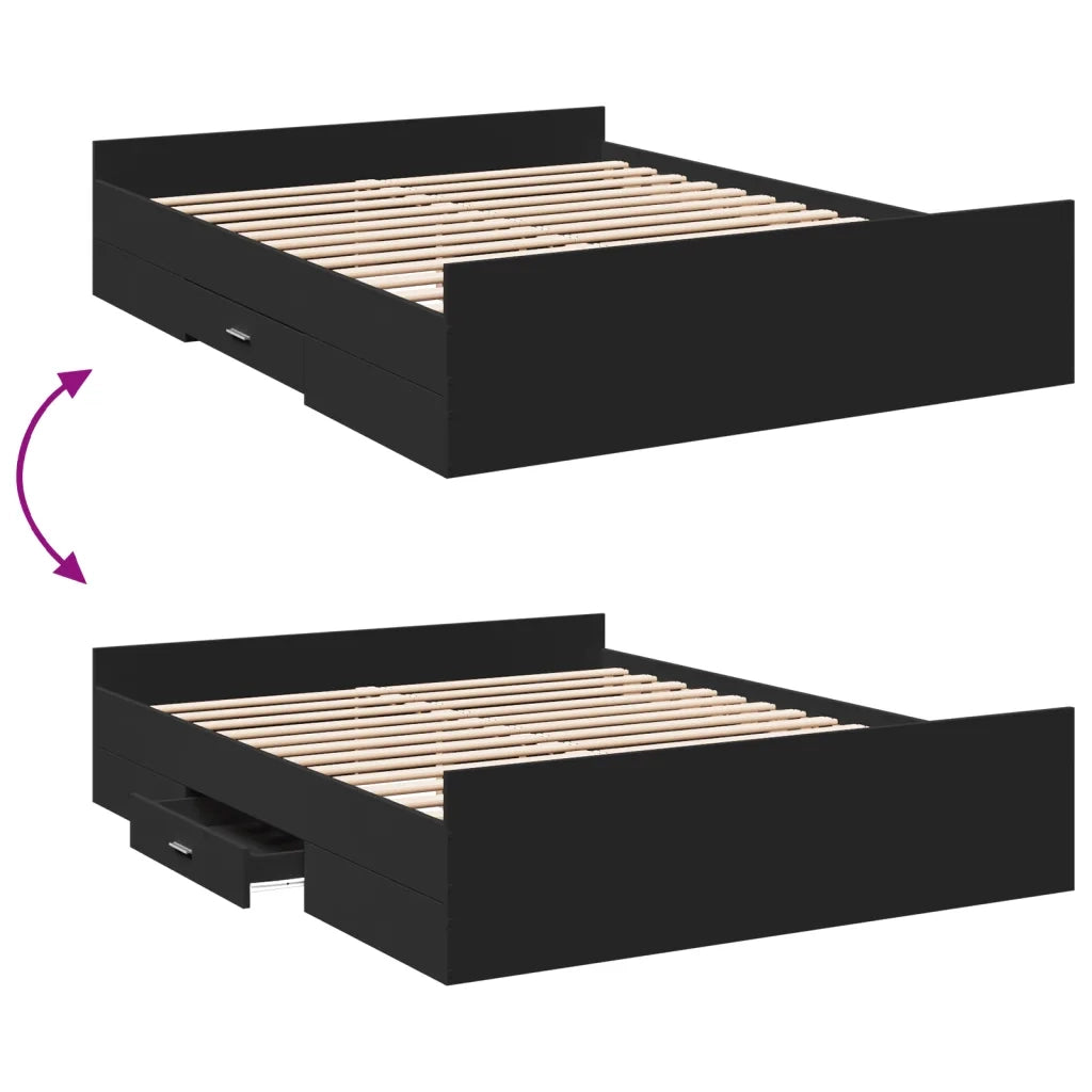 Letto matrimoniale | Letto per adulti | Giroletto con Cassetti Nero 150x200 cm in Legno Multistrato