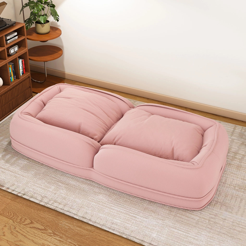 Divano letto ergonomico pieghevole con schienale a 5 posizioni e 2 cuscini in tessuto corduroy rosa