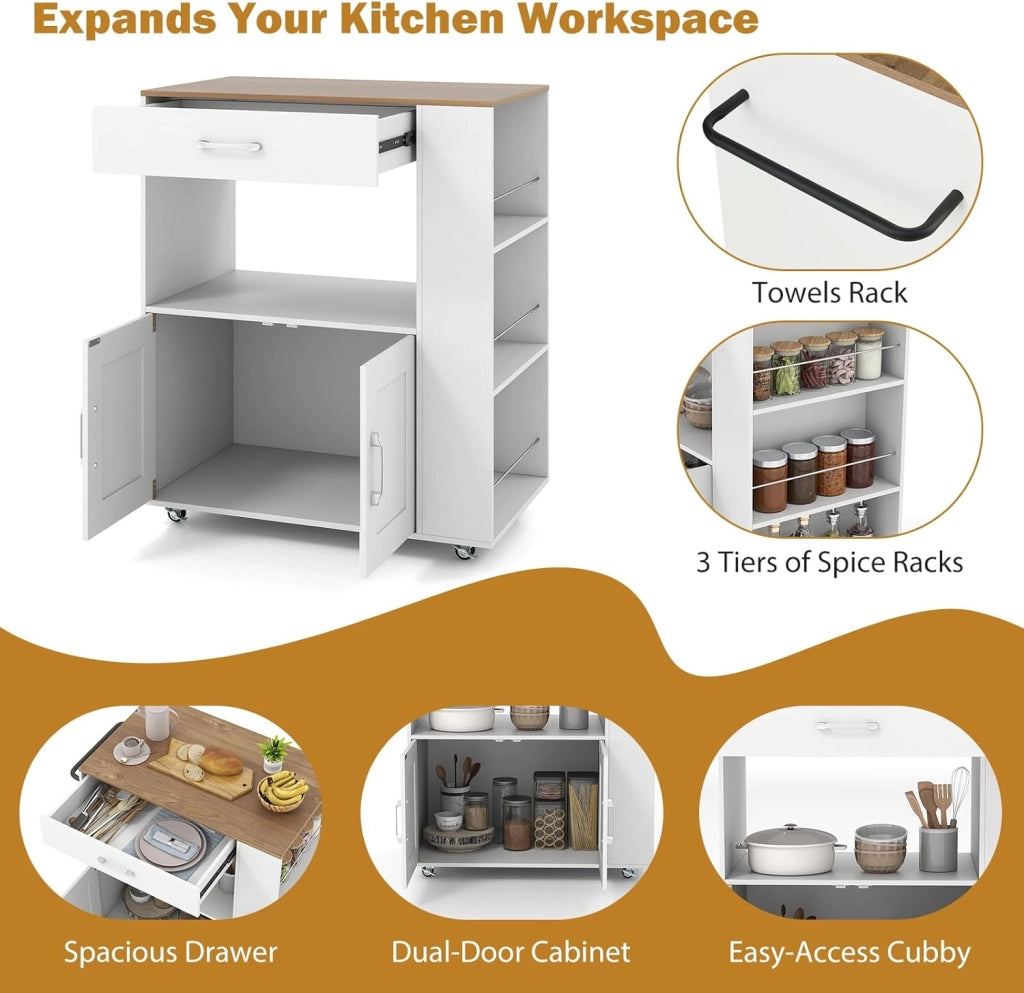 Carrello da Cucina Mobile su Ruote, Isola da Cucina con Piano di Lavoro, Struttura in Legno, Cassetto e 3 Ripiani