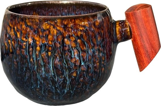 Tazza giapponese con manico in legno - tazza ceramica di alta qualità per caffè e tè - tazza da tè durevole asiatica vintage - design retro moderno (marrone-azzurro)