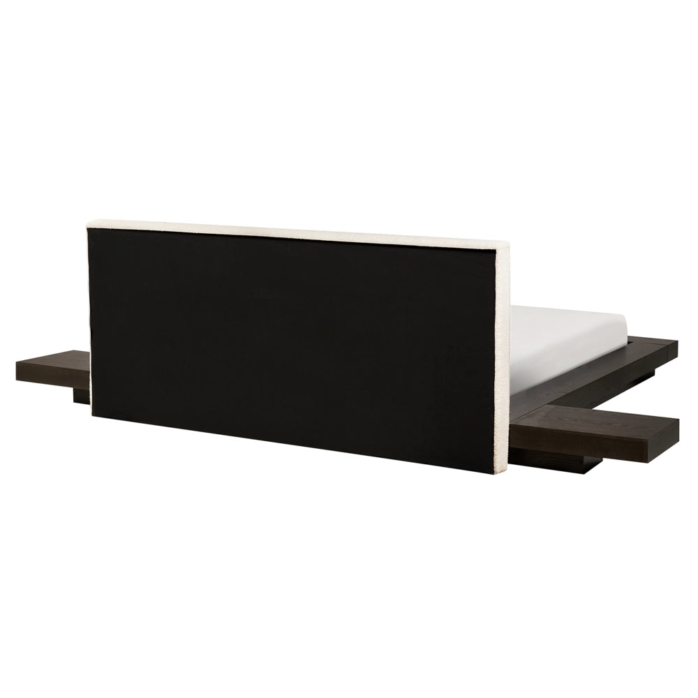 Letto LED in stile giapponese in frassino scuro 160 x 200 cm testata in legno impiallacciato bouclé camera da letto a basso profilo