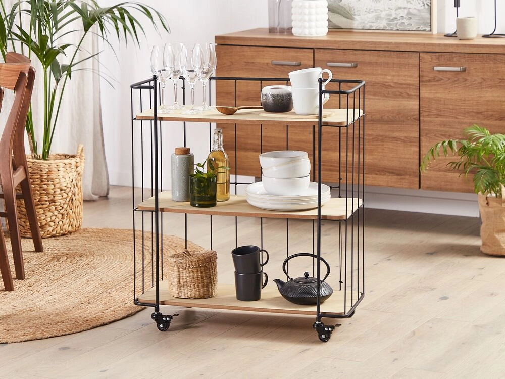 Carrello da Cucina in Metallo Nero 81 cm Costruzione Mensole in Legno Chiaro con Ripiano e Ruote Industriale Rustico Moderno