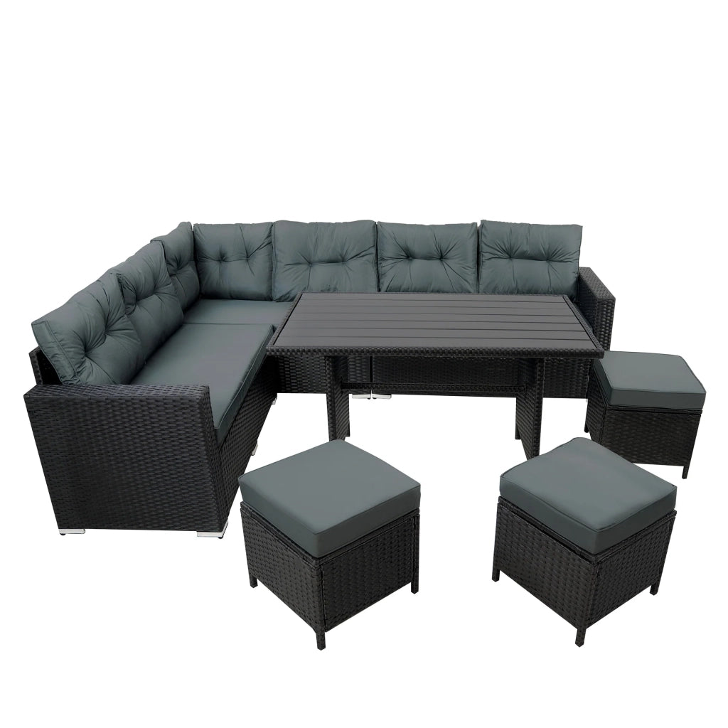 Set Angolare Rattan Giardino 9 Posti Nero Tavolo Cuscini Impermeabili