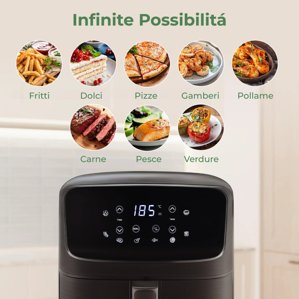 Friggitrice ad Aria 4,2L Digitale con Display LED Touch, 8 Programmi Preimpostati, Temperatura Regolabile, Cestello Antiaderente Estraibile, 1500W, Nero  4.2 Litri - Nero