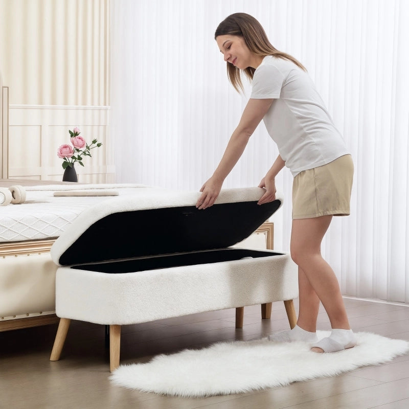 Panca contenitore con 65 l di spazio, seduta imbottita in pile e legno di caucciù bianco crema 120 × 42 × 45 cm