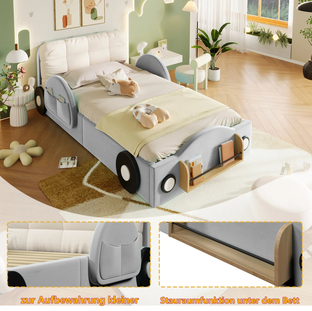 Letto imbottito 90x200 grigio con contenitore e tasche
