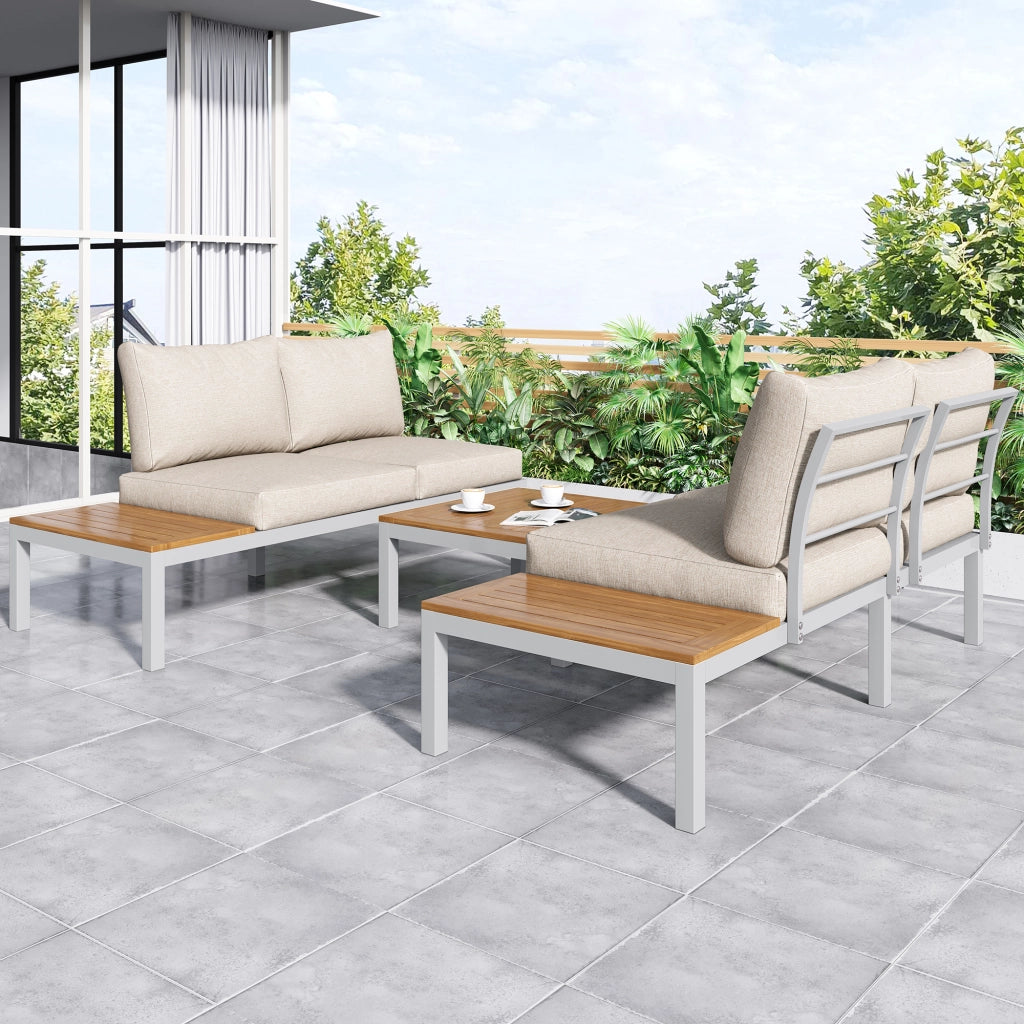 Salotto da Giardino con 2 Divani 2 Posti; 2 Tavolini Laterali e 1 Tavolino; per Terrazza; Ferro; Beige