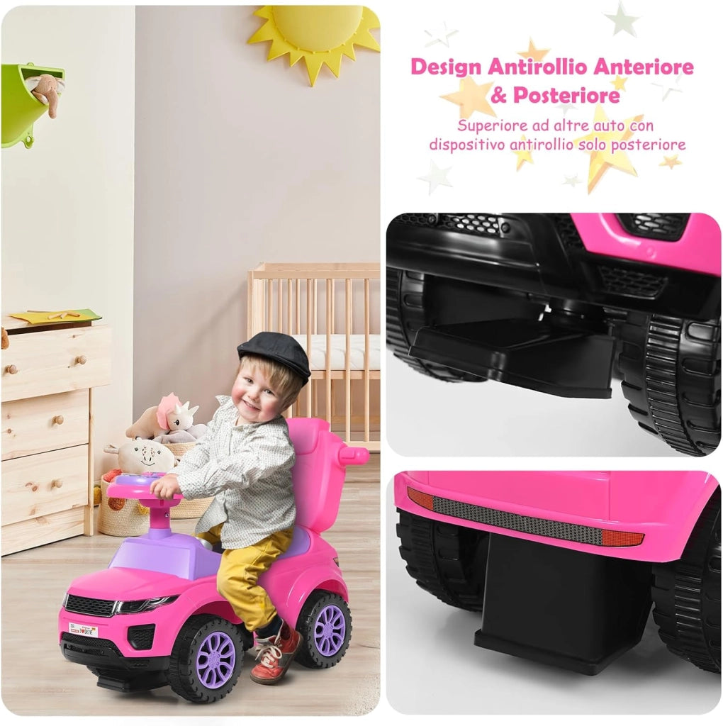 3 in 1 Macchina Cavalcabile a Spinta per Bambini, con Clacson Musica Luce Portaoggetti Sotto Sedile, Auto a Spinta per Bambini di 1-3 Anni