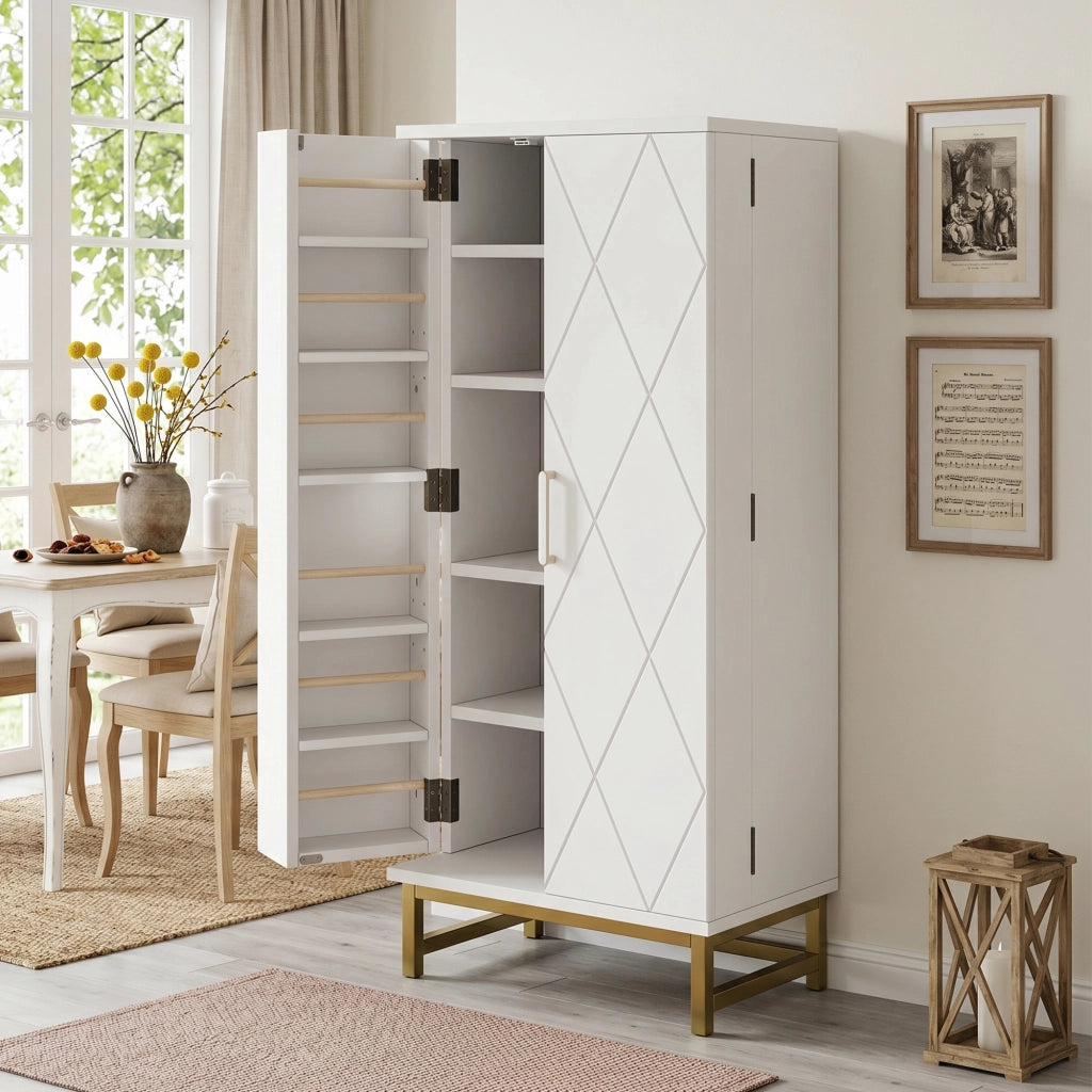 Credenza contenitore con 2 ripiani regolabili e vani nella porta, per cucina e sala da pranzo, bianca 60 × 40 × 130 cm