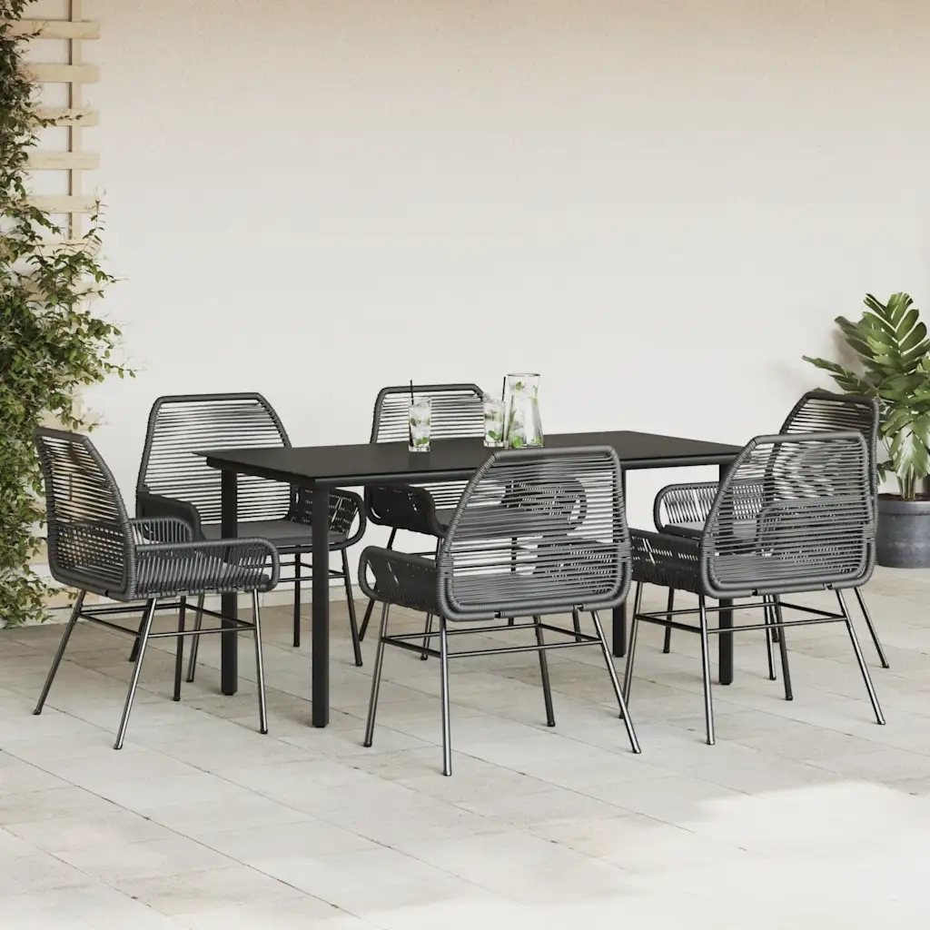 Set Pranzo da Giardino 7 pz Nero con Cuscini Polyrattan Vetro 3334566