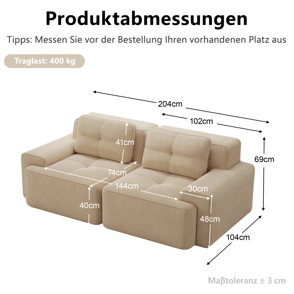 Divano modulare boneless in corduroy beige; seduta profonda 74 cm