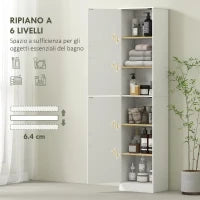 Mobile Colonna Bagno a 2 Armadietti con 6 Ripiani Regolabili, in Legno, 40x35x180 cm, Bianco