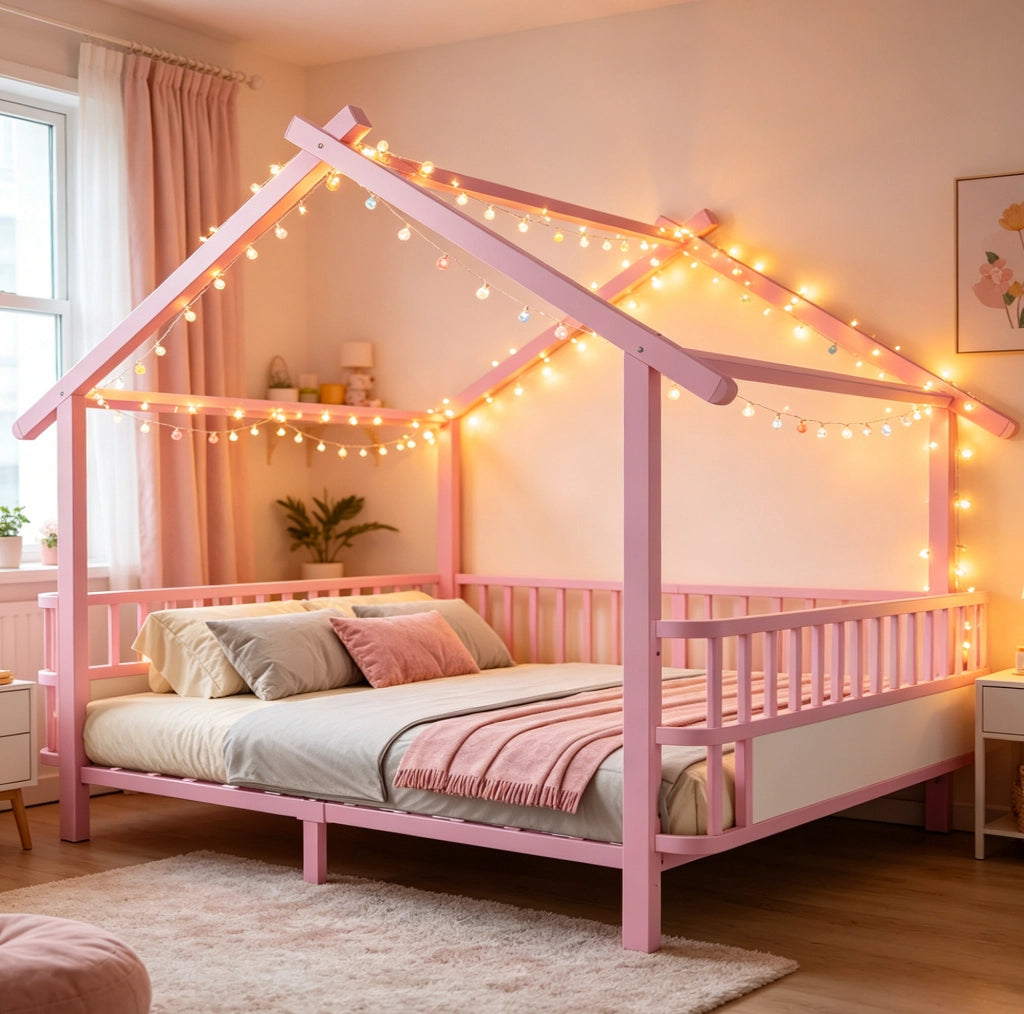 Letto per bambini a casetta in metallo rosa 140x200 cm