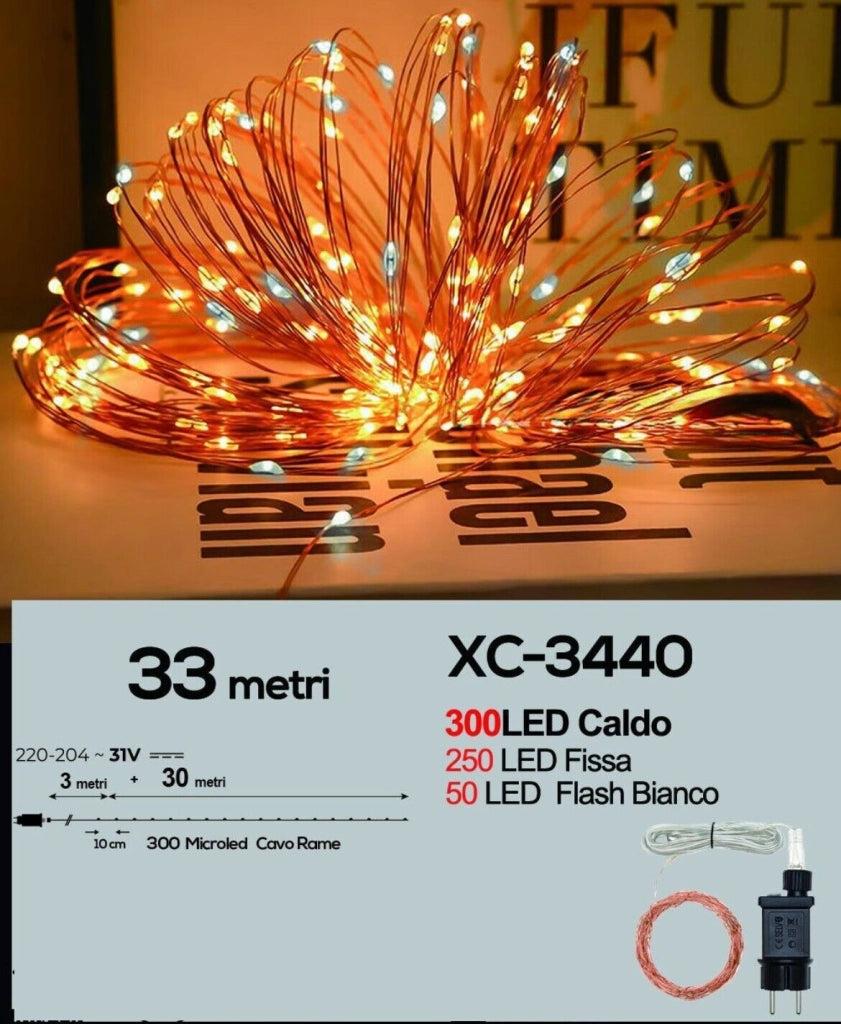 Catena luminosa di 300 Micro LED luci di Natale caldo fisso e bianco freddo intermittente per esterni e interni