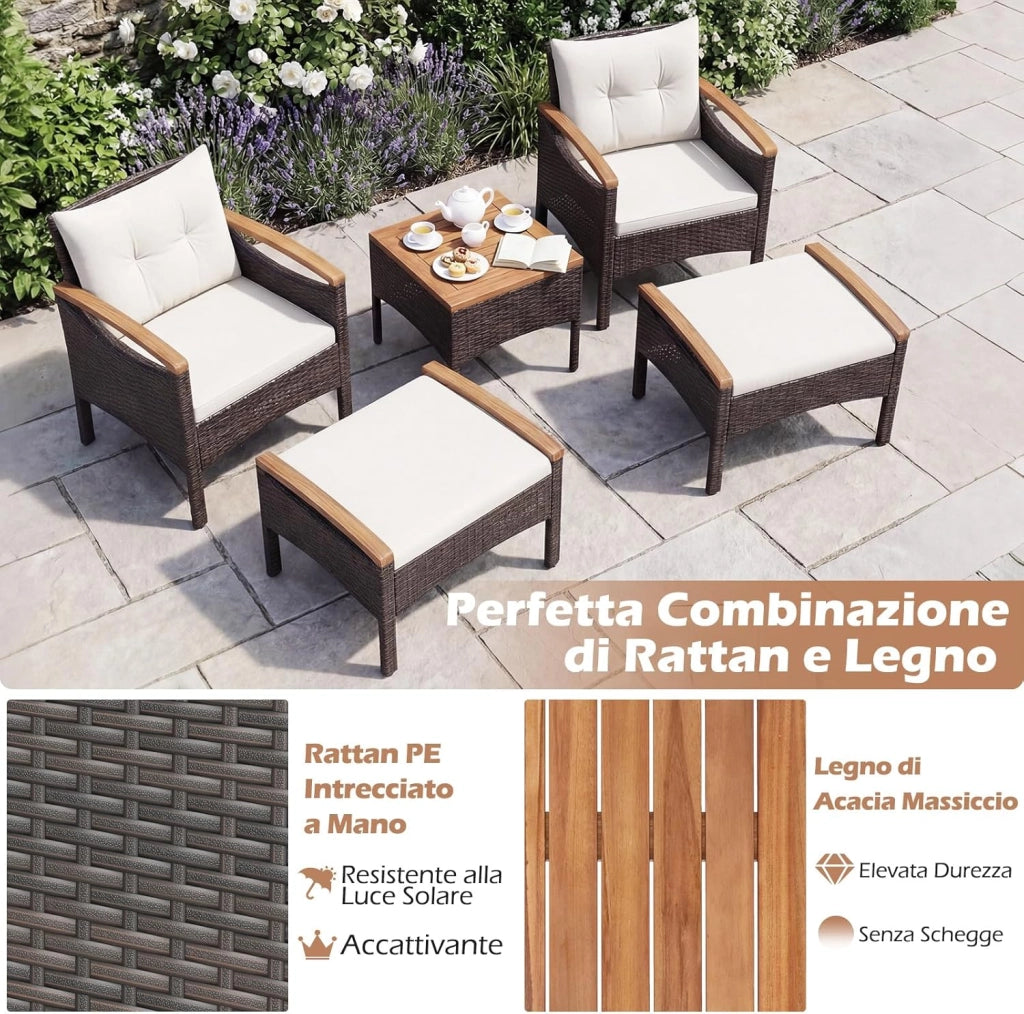 Set Salotto da Giardino in Rattan da 5 Pezzi, Set in Vimini per Esterni con Cuscini per Sedili e Schienale, Comodo Tavolino e 2 Ottomane, per Giardino Cortile Piscina (Bianco)