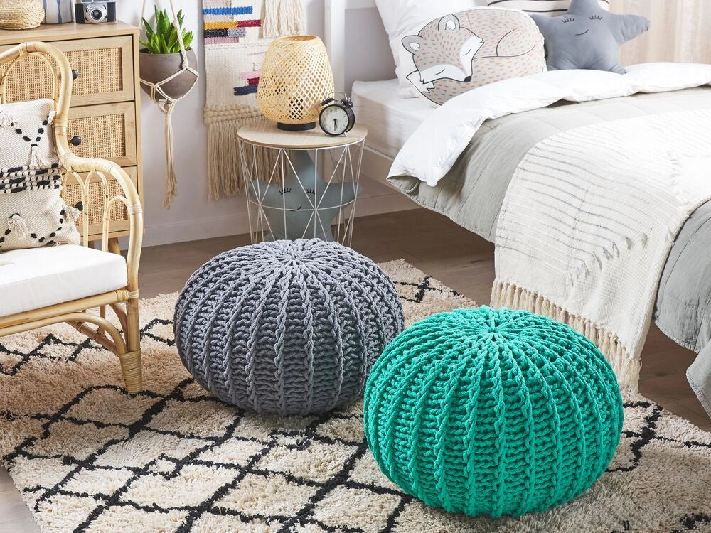 Pouf ottomana grigio in cotone lavorato a maglia perline EPS riempimento rotondo piccolo poggiapiedi 50 x 35 cm