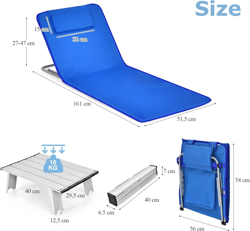 Set di 2 Lettini da Spiaggia con Tavolino, Stuoia Mare Imbottita Reclinabile in 5 Livelli Pieghevole, Tappetini da Spiaggia con Poggiatesta Rimovibile, Portabile con Tracolla, Blu