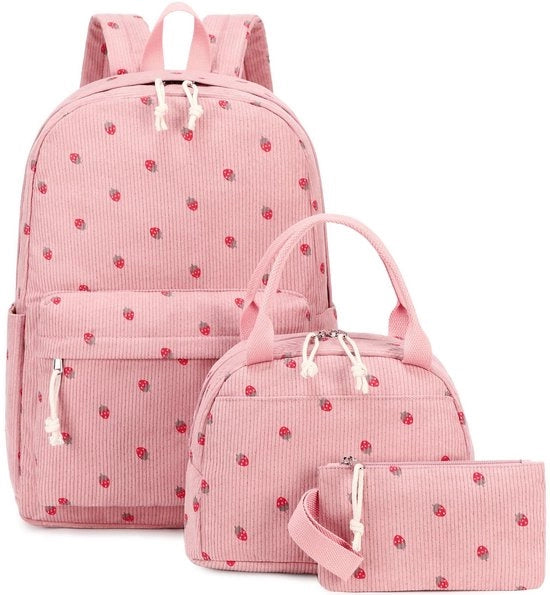 Set di scatole per bambini - borsa scuola per donne - borsa - borsa per pranzo - borsa per bambine - Borsa scolastica per studenti - Disegno di ciliegie rosse