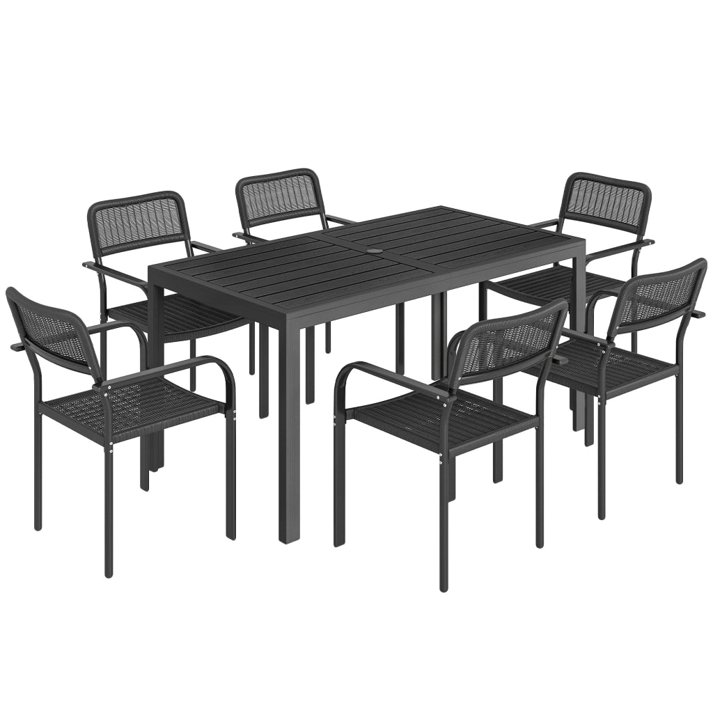 Set da Pranzo da Esterno Tavolo con Foro Ombrellone 150x80x74 cm e 6 Sedie 55x60x83 in Acciaio e PP cm Nero