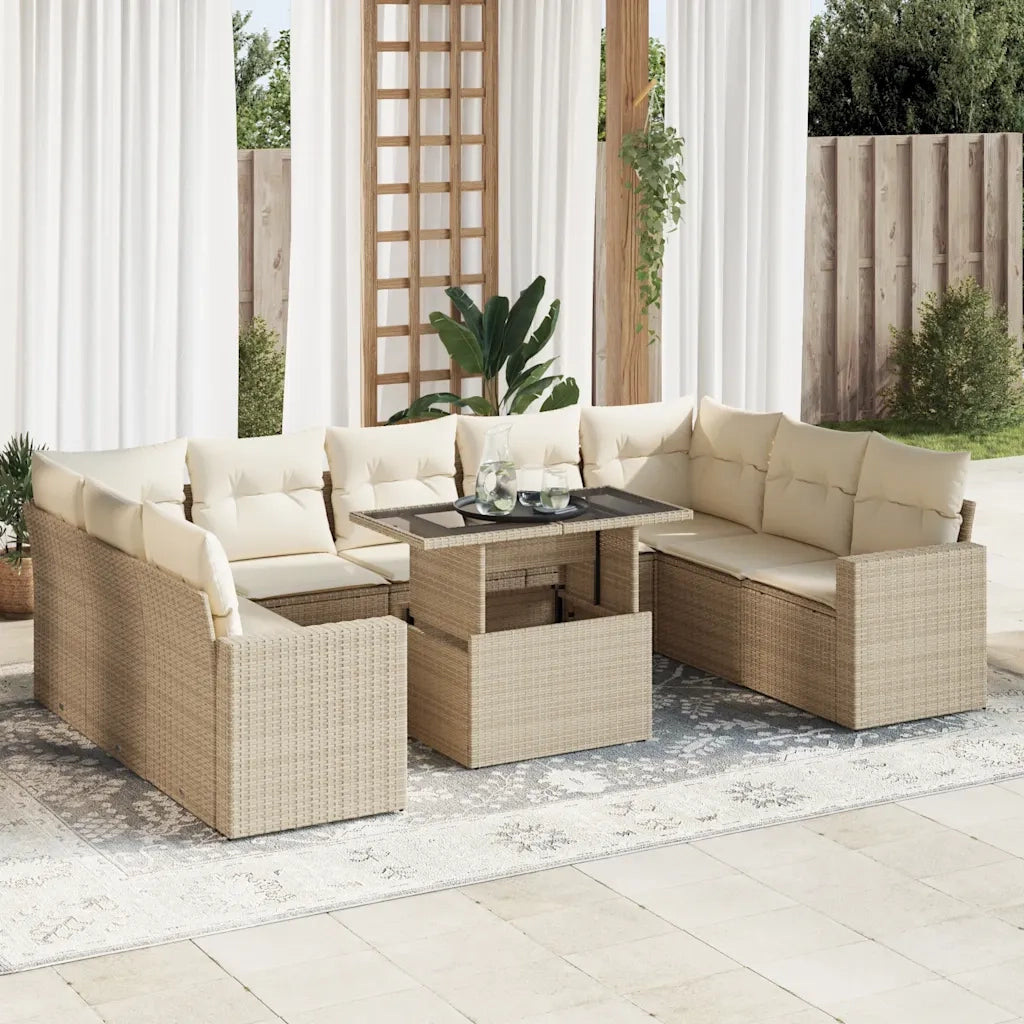 Set Divano da Giardino 10 pz con Cuscini Beige in Polyrattan 3326379