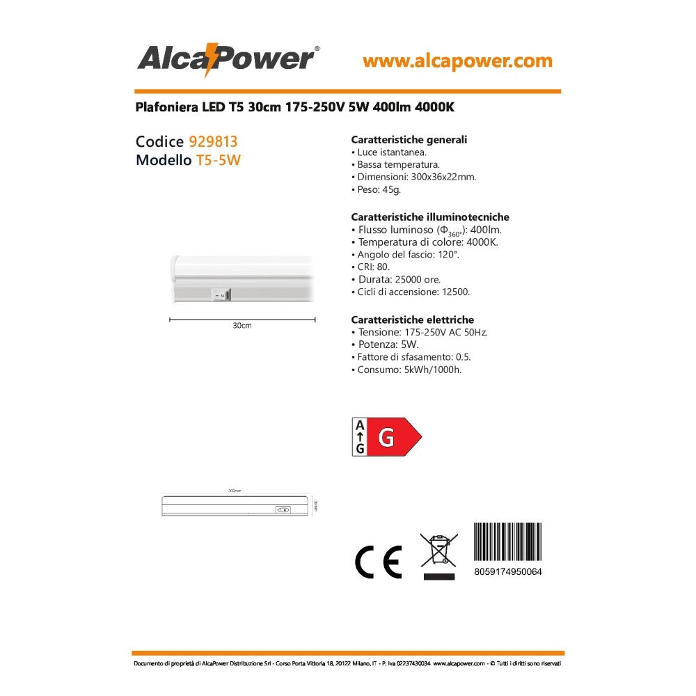 Alca power t5 da 30cm 5w 220v 400lm 4000k plafoniera reglette a led
