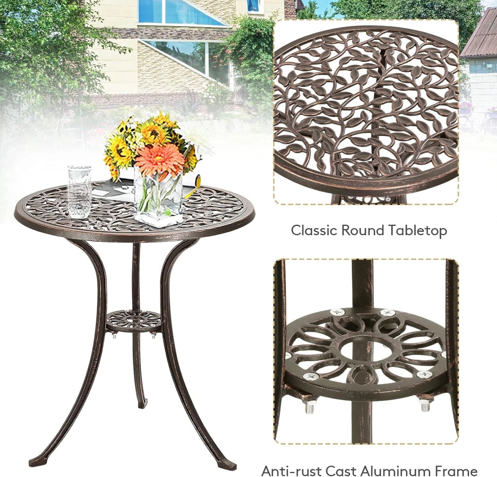 Set da Bistrot Tavolo Rotondo con 2 Sedie in Fusione di Alluminio, Set da Giardino Antico per Esterni Balcone Bordo Piscina, Bronzo