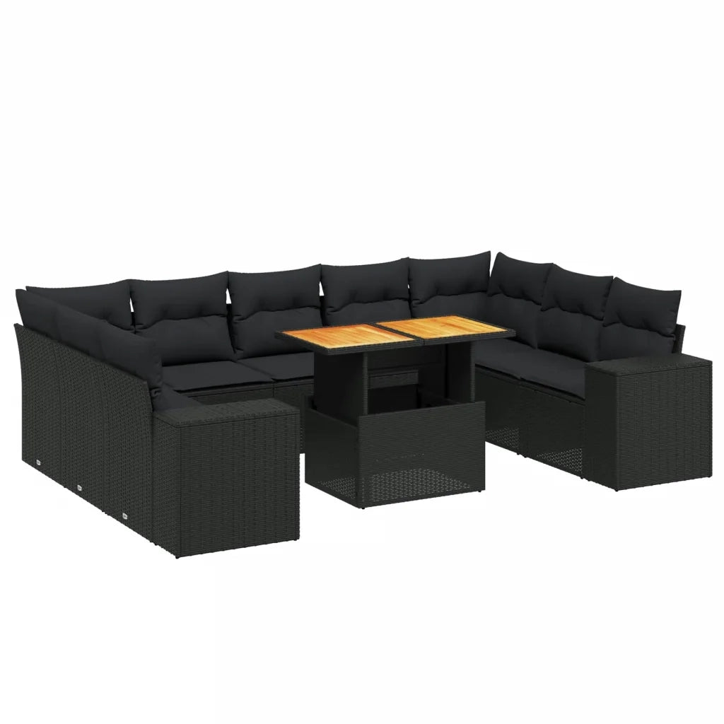 Set Divani da Giardino 10pz con Cuscini in Polyrattan Nero