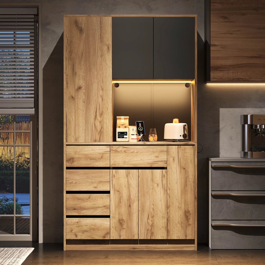 Credenza da cucina con LED e presa, ripiani regolabili, portabottiglie, MDF nero naturale 105 × 40 × 185 cm