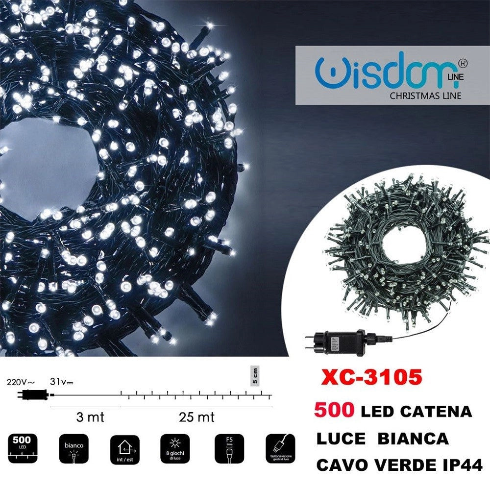 Trade Shop - Catena Luminosa 500 Luci Led Lucciole Luce Bianca Cavo Verde Ip44 Xc-3105 -