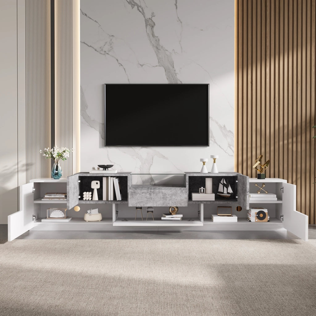 Mobile TV con 4 ante; nicchia aperta in vetro temperato; cassetto centrale e ribalta; per soggiorno; 200 × 33 × 48;5 cm