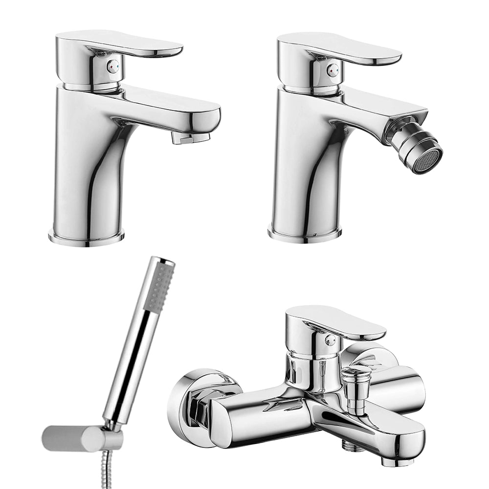 Set miscelatore lavabo e bidet con scarico salterello e miscelatore vasca esterno con doccetta Selma