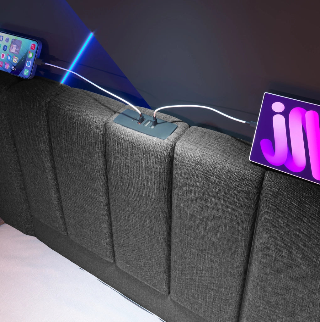 Letto matrimoniale contenitore 180x200 cm con LED 360掳; USB e USB-C; in lino grigio